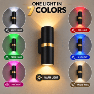 Glowzaar 7 Color Changing LED Wall Light in Black and Gold, Modern Up Down Wall Lamp with Warm White, Natural White, White, Red, Green, Blue and Pink Lighting for Bedroom, Living Room and Home Decor.
