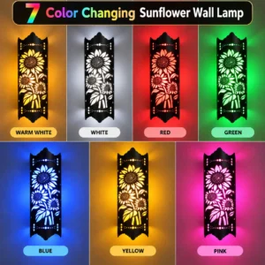 7 Color Changing Sunflower LED Wall Lamp in Warm White, White, Red, Green, Blue, Yellow and Pink for Home Decor.