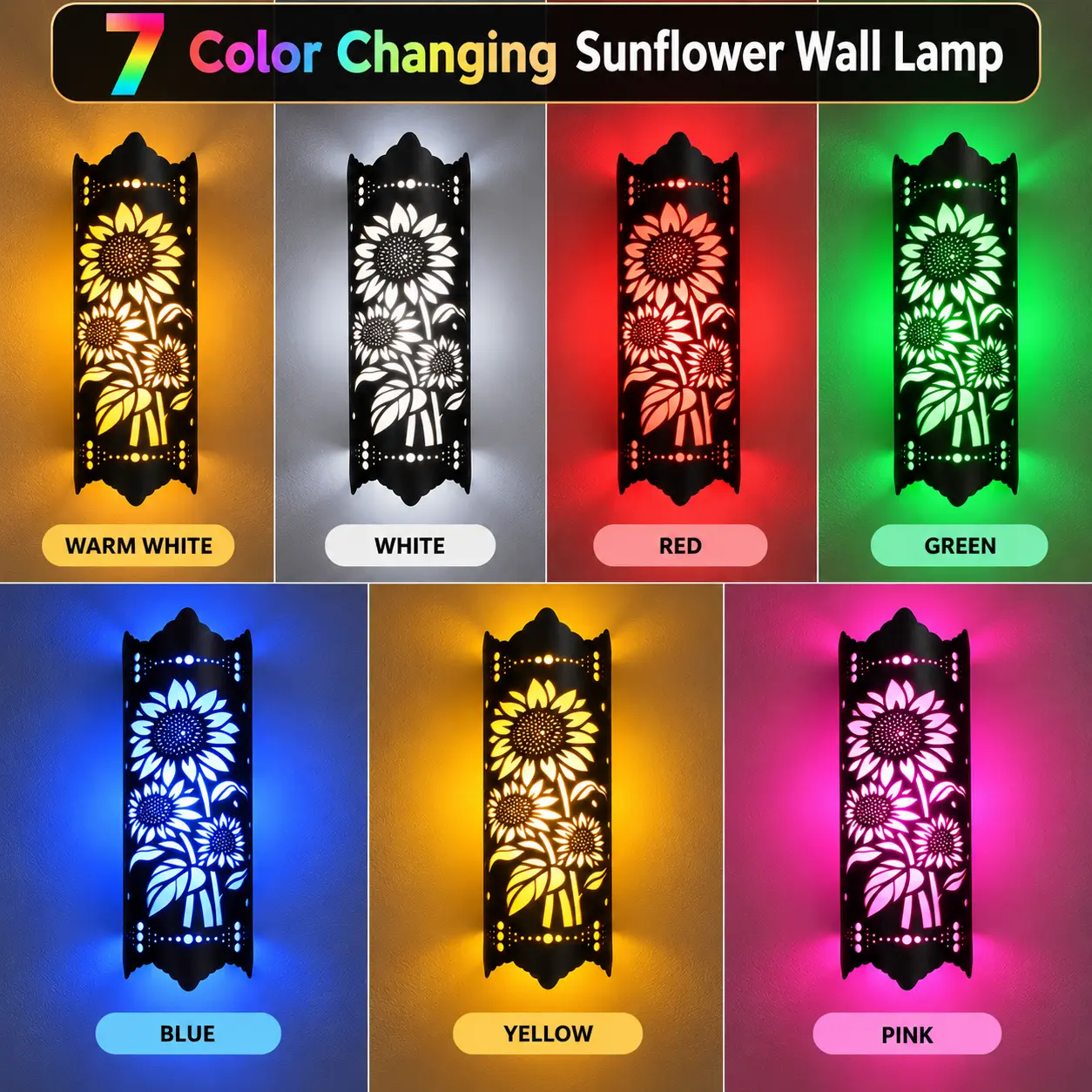 7 Color Changing Sunflower LED Wall Lamp in Warm White, White, Red, Green, Blue, Yellow and Pink for Home Decor.